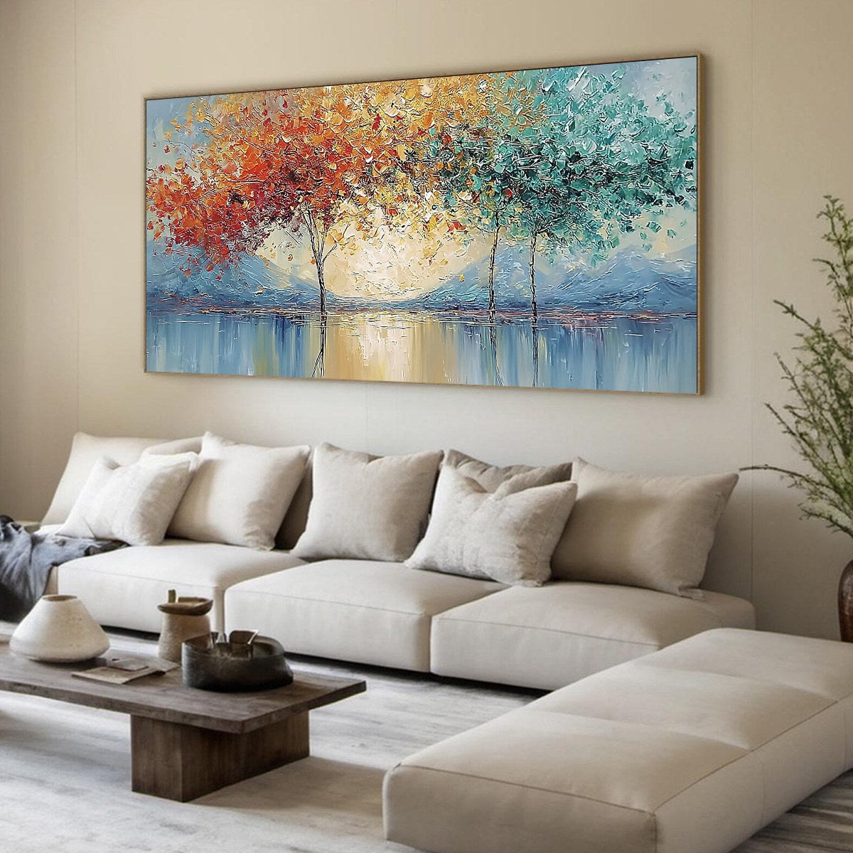 EMBER AND JADE: Textured Long Horizontal Landscape Painting of Trees - Image 8