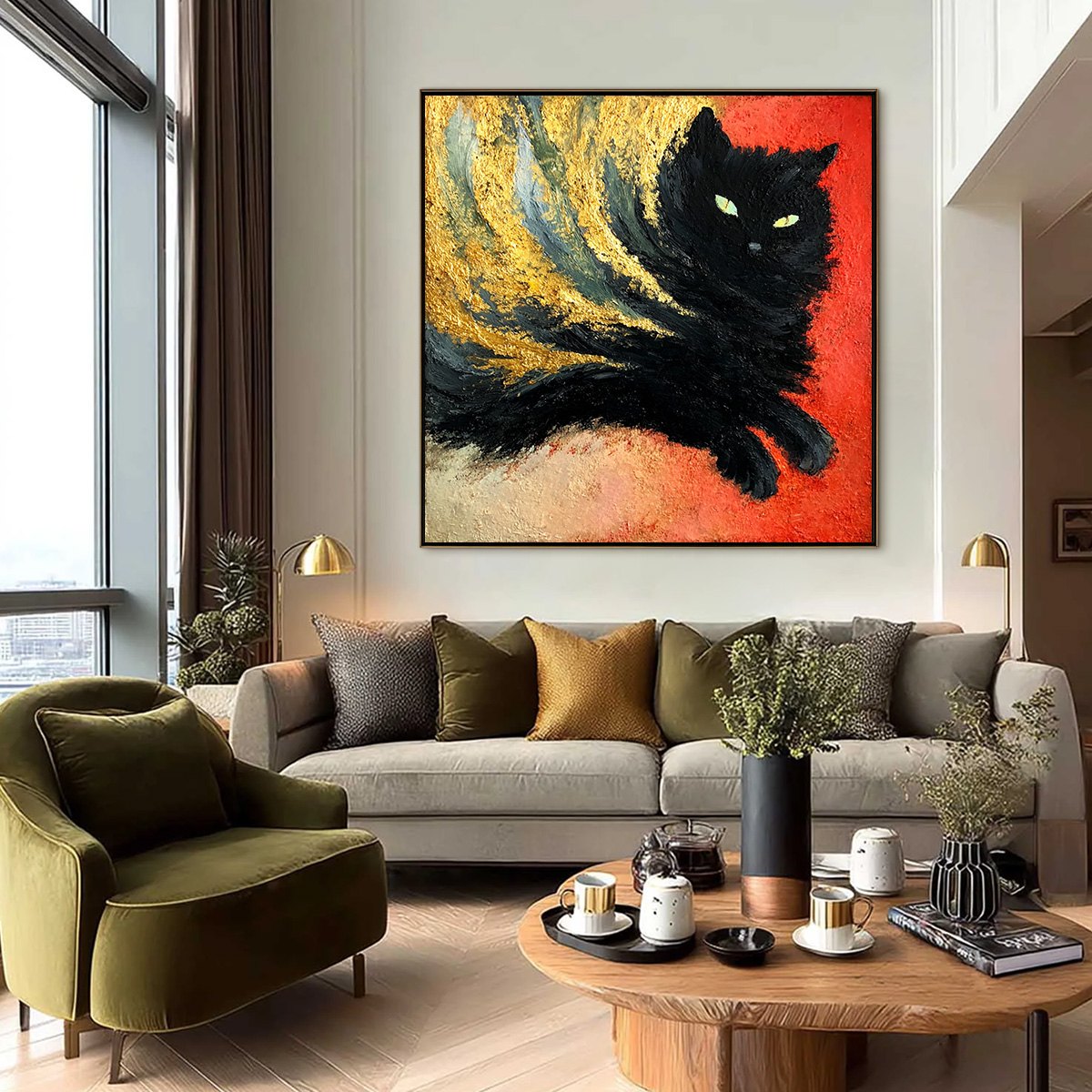 EMBER EYES: Bold Abstract Black Cat Painting with Gold Leaf - Image 6