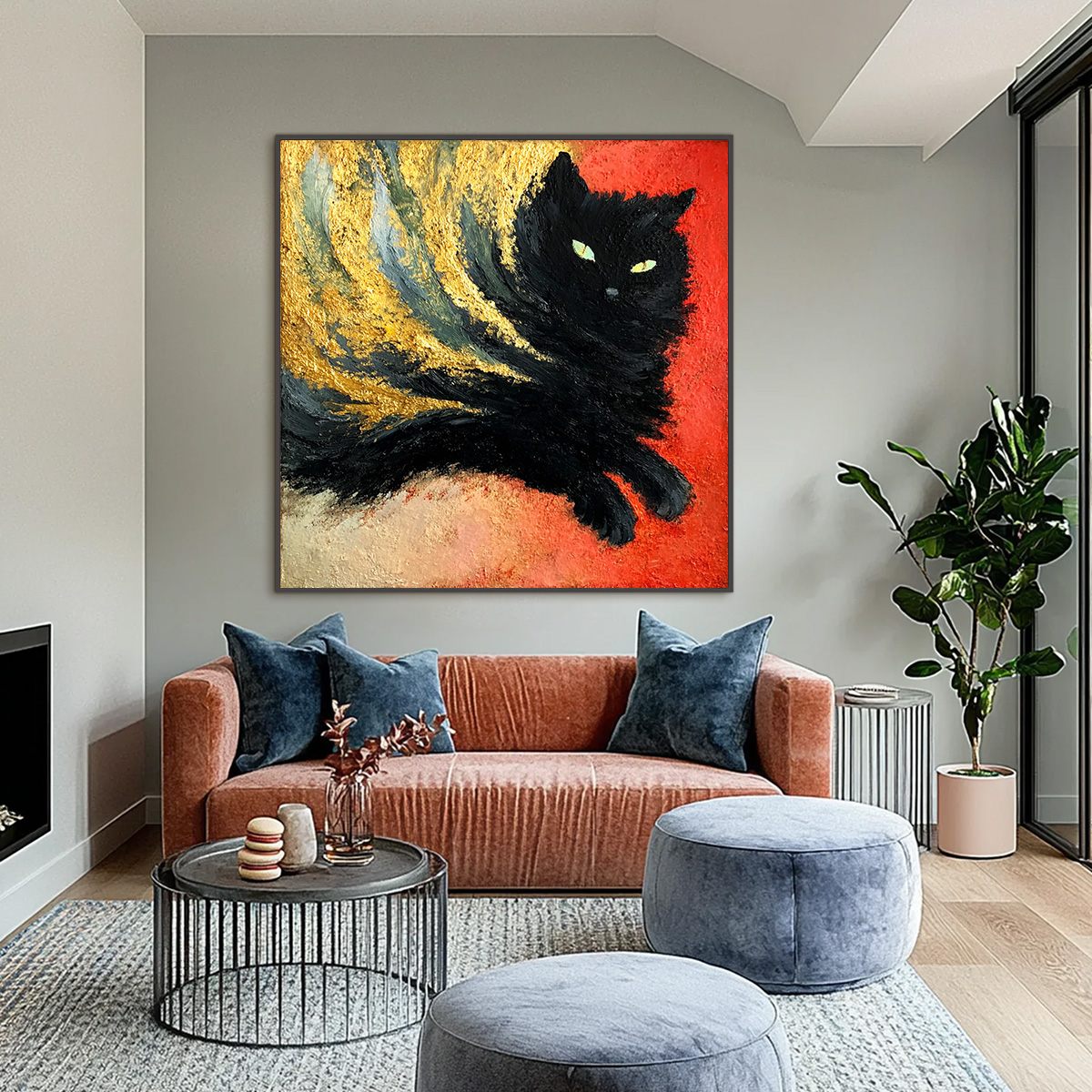 EMBER EYES: Bold Abstract Black Cat Painting with Gold Leaf - Image 2