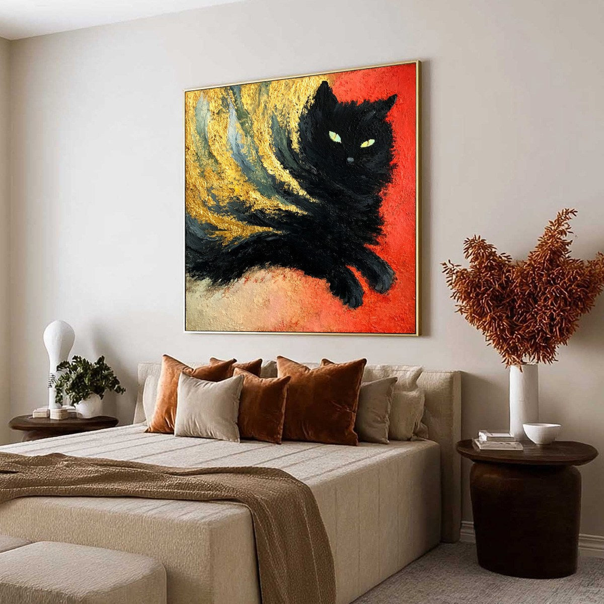 EMBER EYES: Bold Abstract Black Cat Painting with Gold Leaf - Image 7