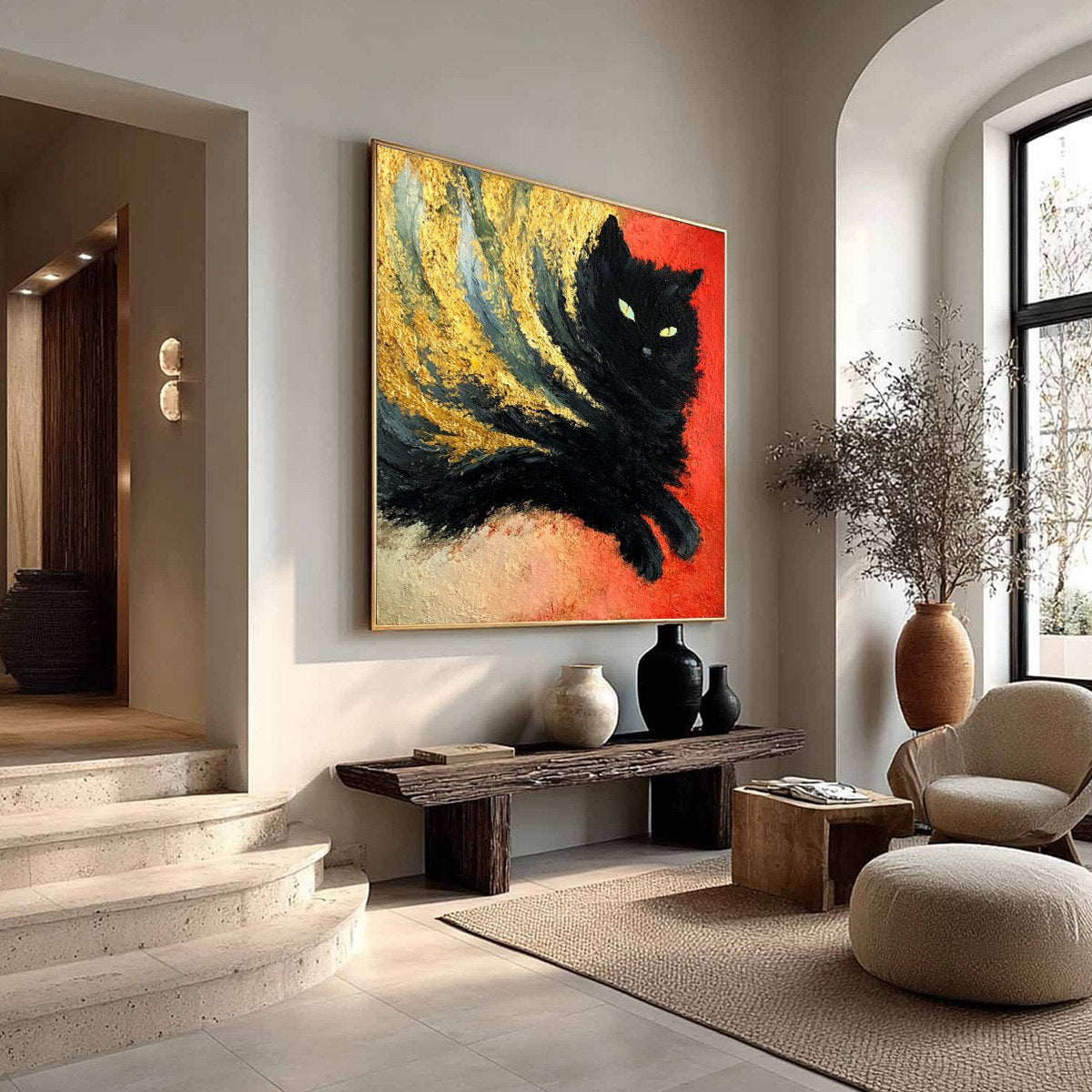 EMBER EYES: Bold Abstract Black Cat Painting with Gold Leaf - Image 8