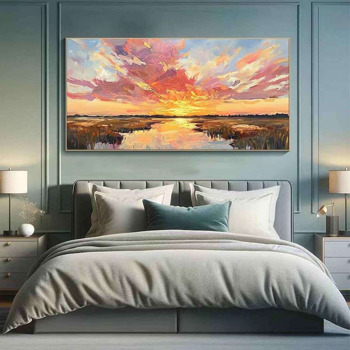 EMBERGLOW MARSH: Colorful Palette Knife Sunset Landscape Painting - Image 4