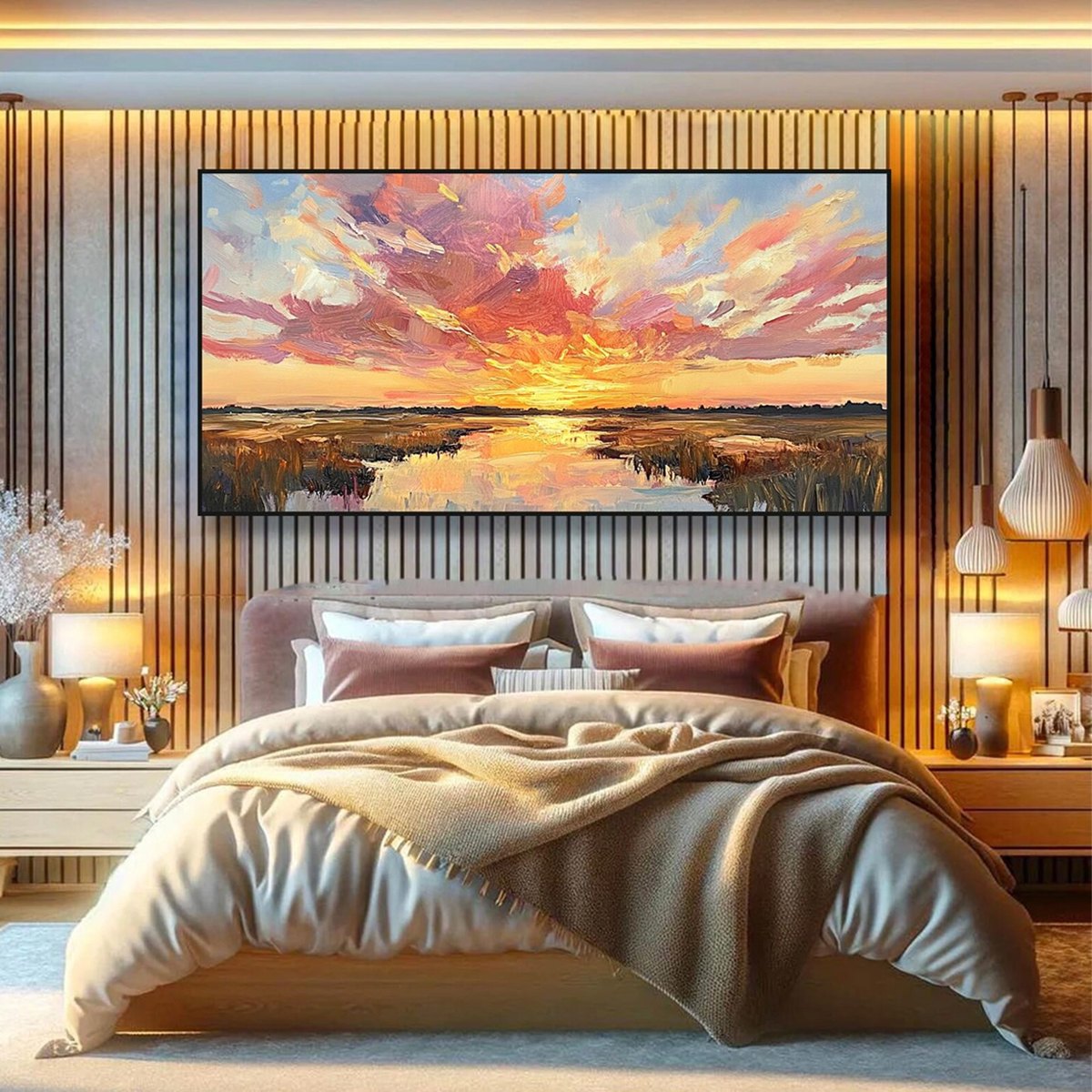 EMBERGLOW MARSH: Colorful Palette Knife Sunset Landscape Painting - Image 6