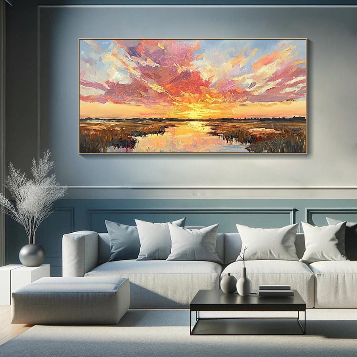 EMBERGLOW MARSH: Colorful Palette Knife Sunset Landscape Painting - Image 7