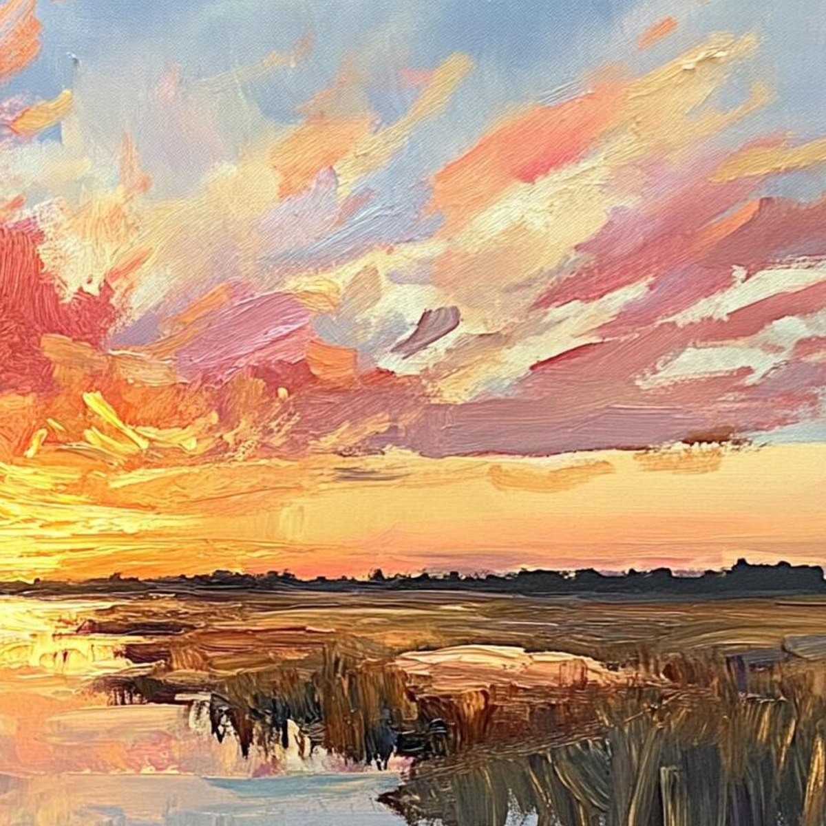 EMBERGLOW MARSH: Colorful Palette Knife Sunset Landscape Painting - Image 3