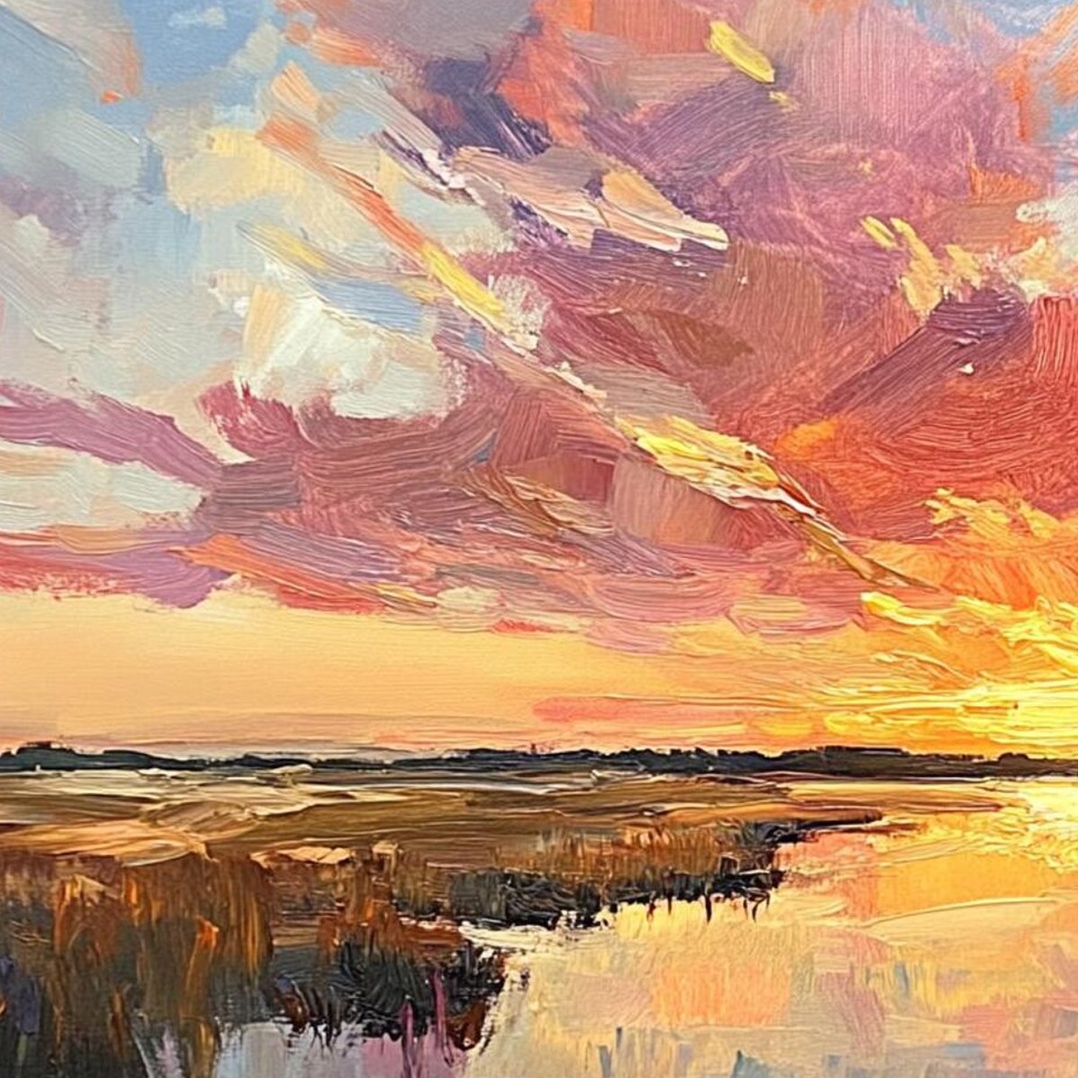 EMBERGLOW MARSH: Colorful Palette Knife Sunset Landscape Painting - Image 5