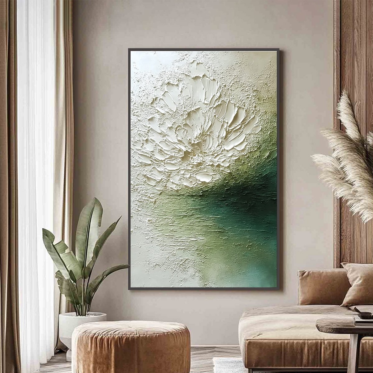 EMERALD BLOOM: Textured Wabi Sabi Floral Abstract Wall Art - Image 2