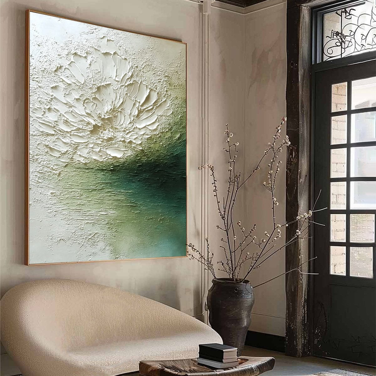 EMERALD BLOOM: Textured Wabi Sabi Floral Abstract Wall Art - Image 8