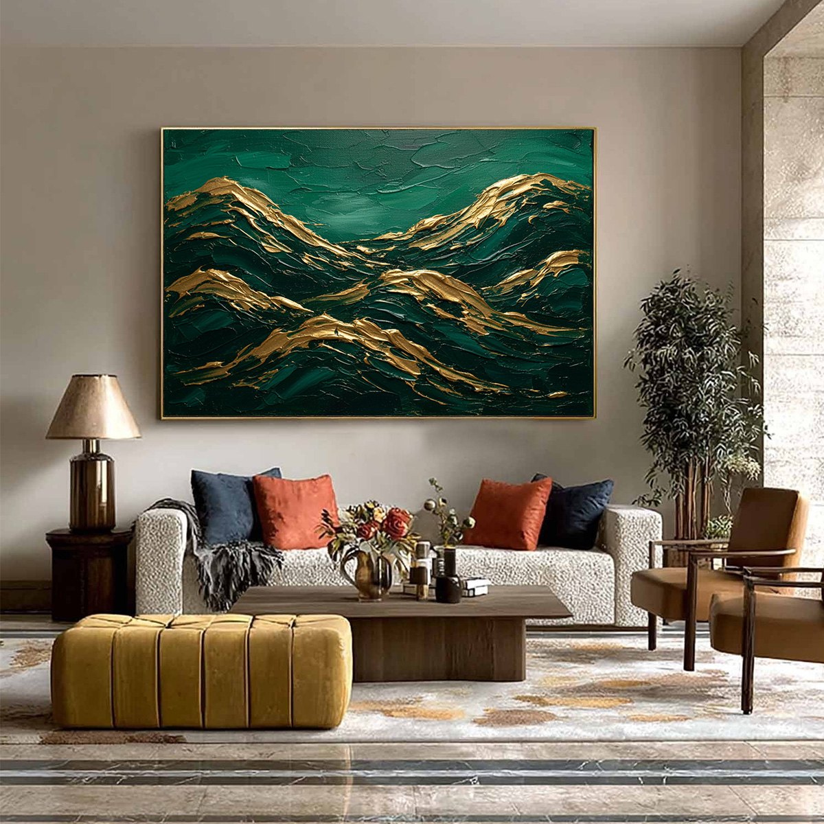 EMERALD CRESTS: Heavy Texture Abstract Green and Gold Landscape Painting - Image 6