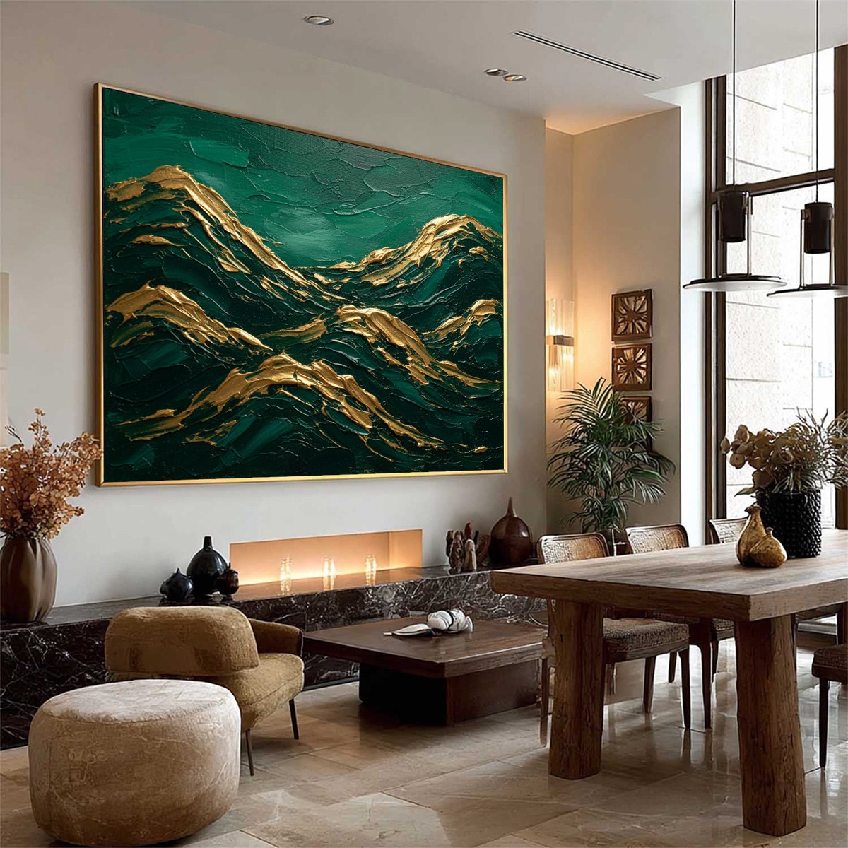 EMERALD CRESTS: Heavy Texture Abstract Green and Gold Landscape Painting - Image 8