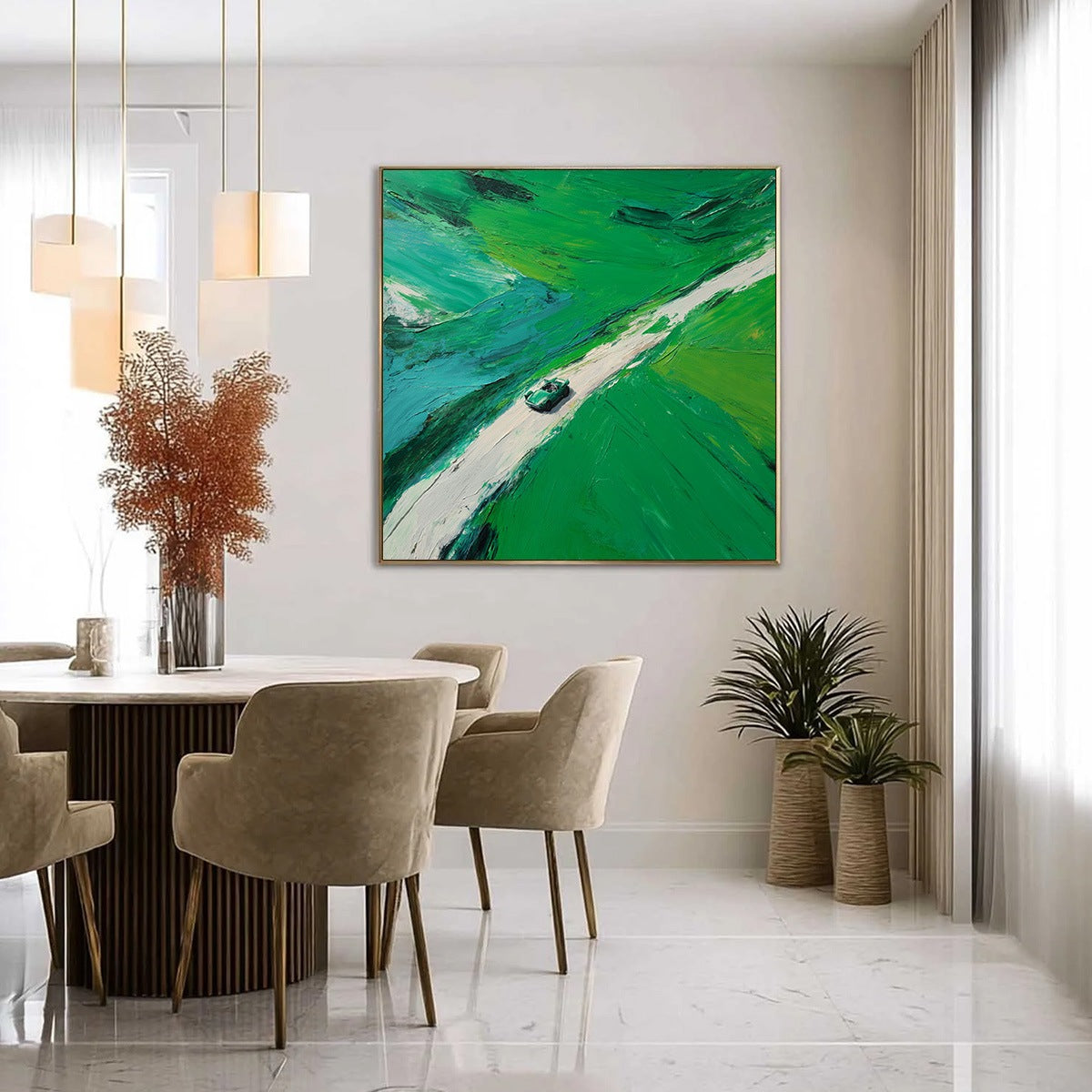 EMERALD ESCAPE: Textured Aerial View Painting of a Vintage Sports Car - Image 4