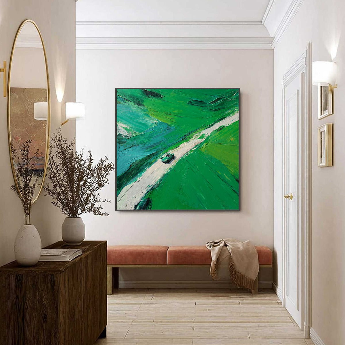EMERALD ESCAPE: Textured Aerial View Painting of a Vintage Sports Car - Image 6