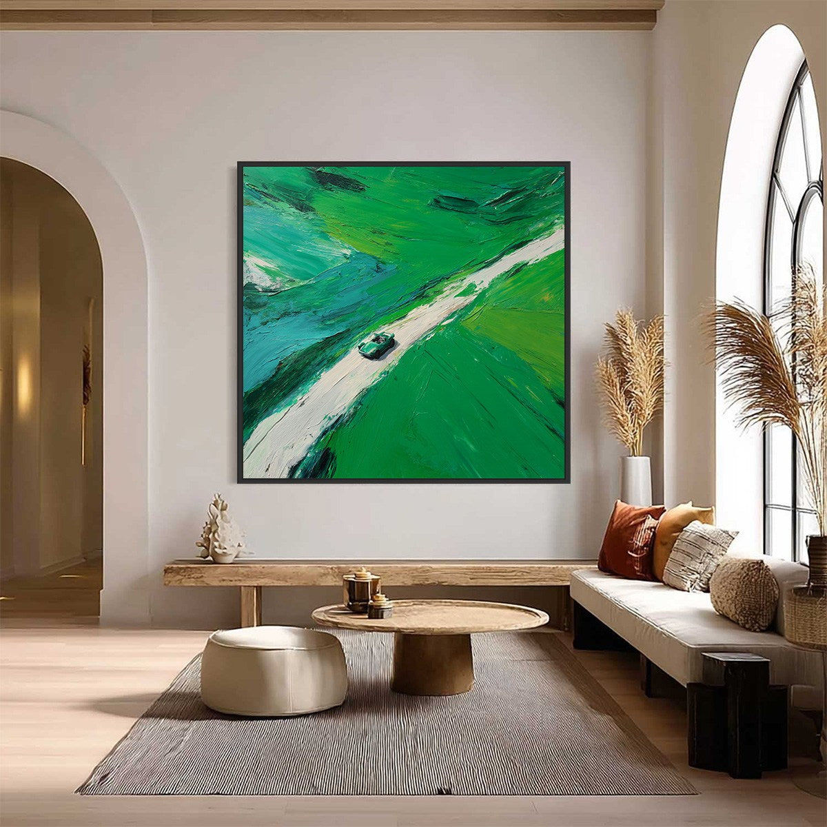EMERALD ESCAPE: Textured Aerial View Painting of a Vintage Sports Car - Image 2