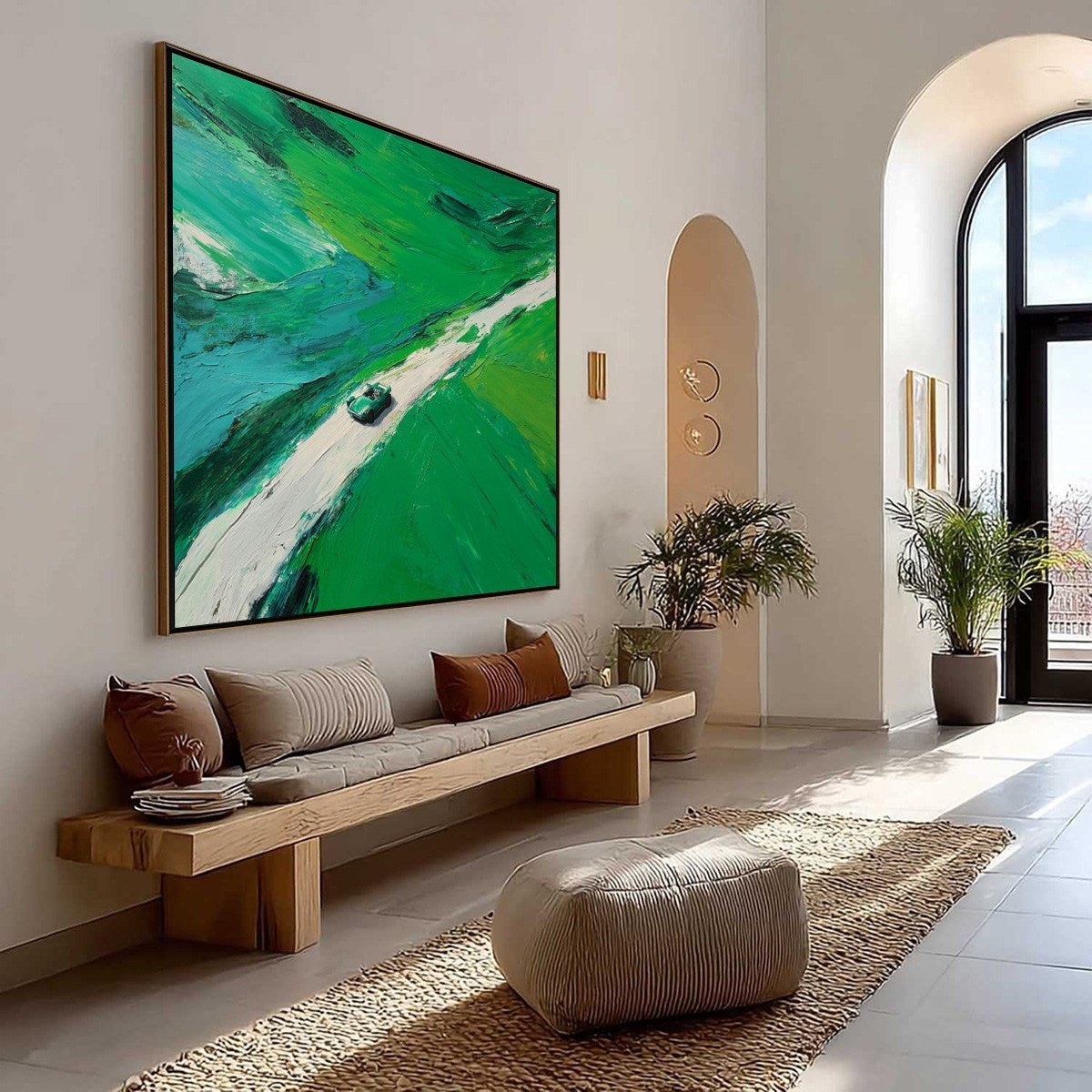 EMERALD ESCAPE: Textured Aerial View Painting of a Vintage Sports Car - Image 7