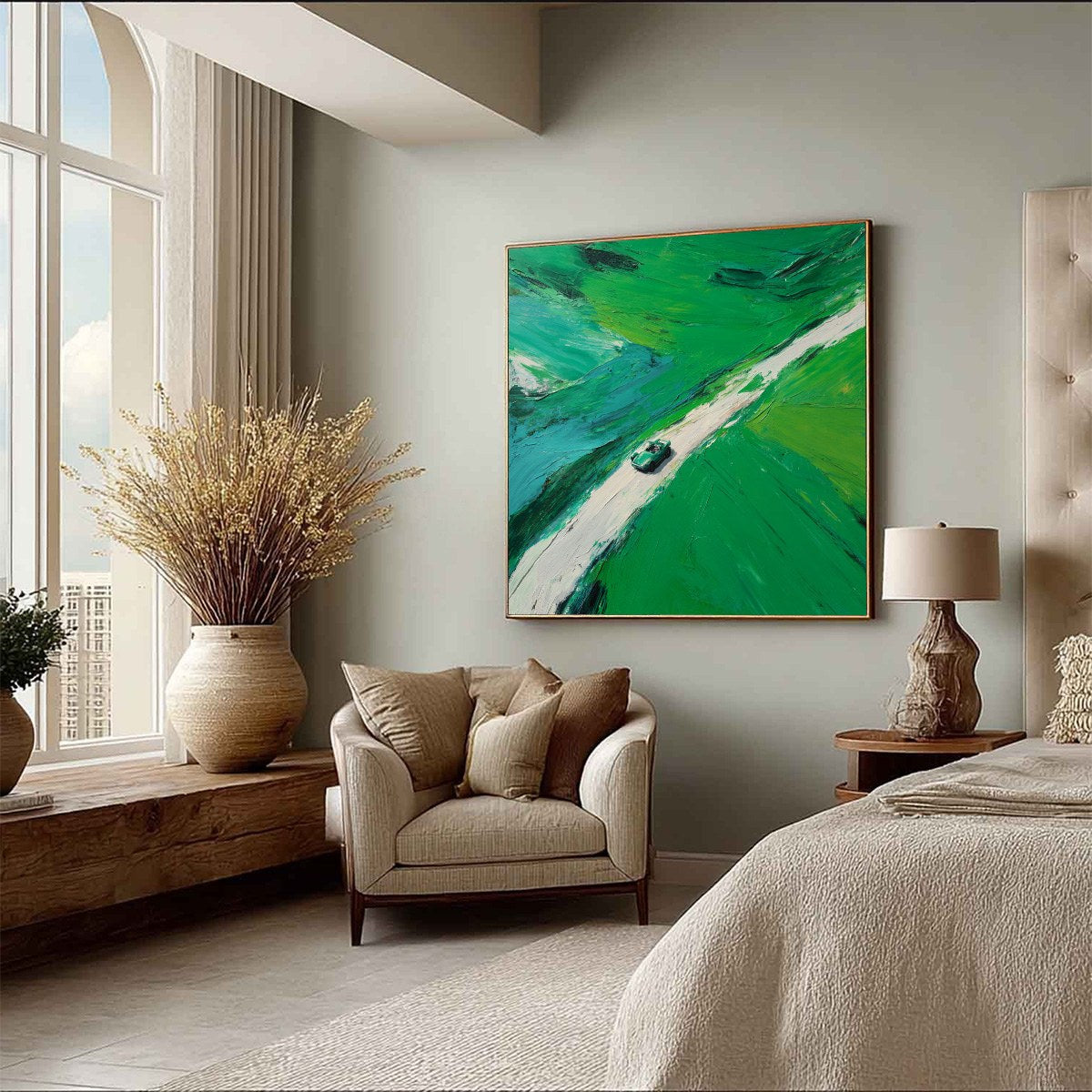 EMERALD ESCAPE: Textured Aerial View Painting of a Vintage Sports Car - Image 8