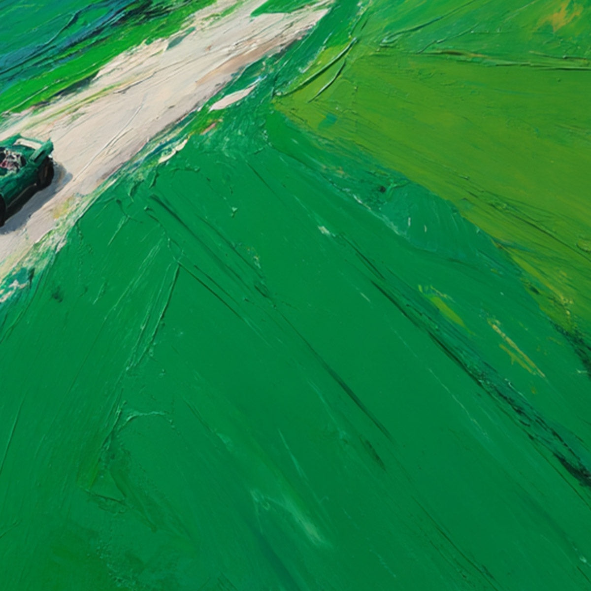 EMERALD ESCAPE: Textured Aerial View Painting of a Vintage Sports Car - Image 5