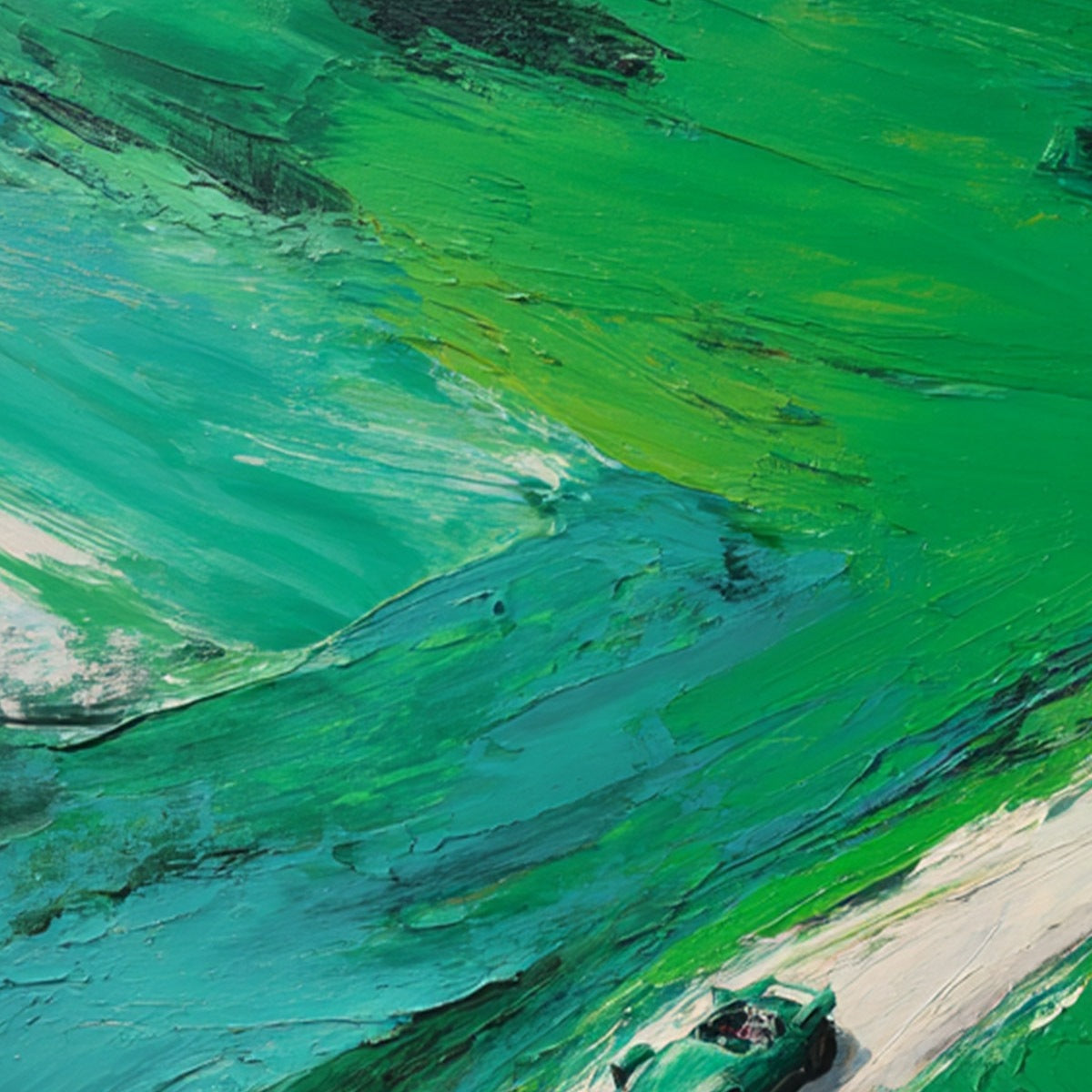 EMERALD ESCAPE: Textured Aerial View Painting of a Vintage Sports Car - Image 3