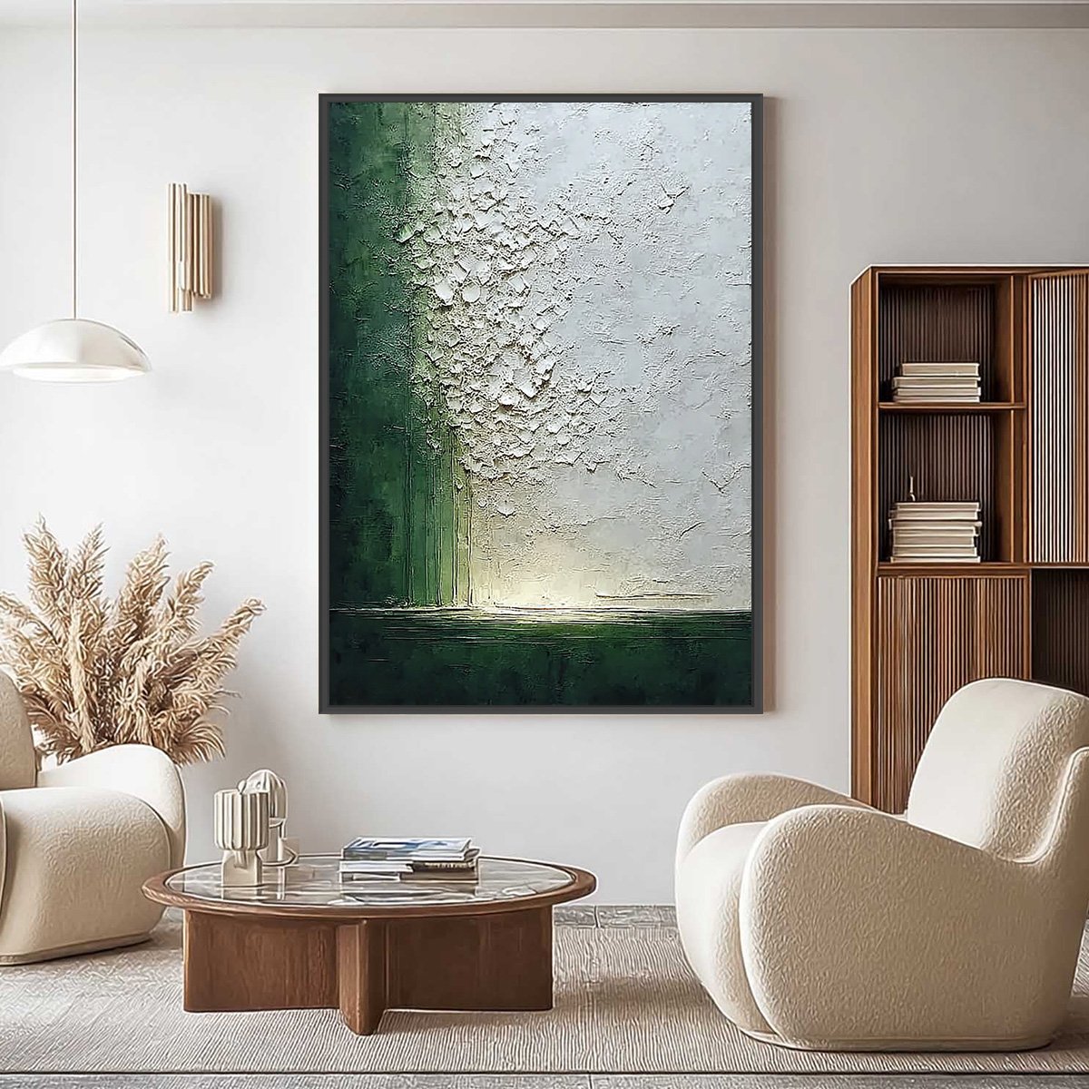 EMERALD FALL: Large Green and White Textured Wabi Sabi Abstract Painting - Image 2