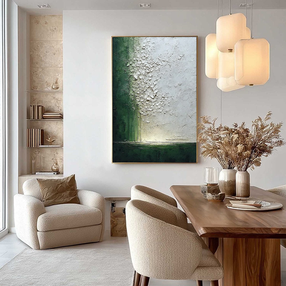 EMERALD FALL: Large Green and White Textured Wabi Sabi Abstract Painting - Image 4