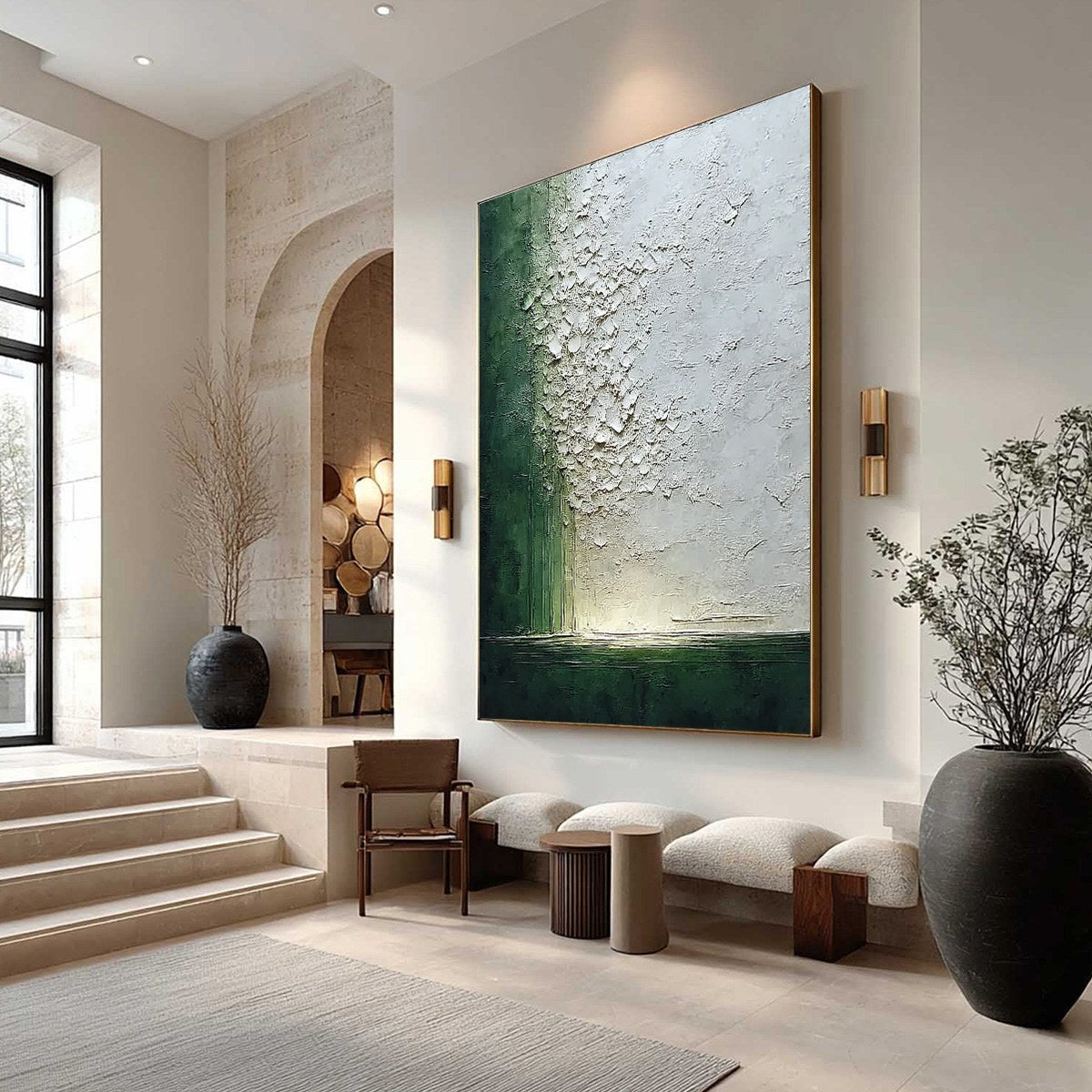 EMERALD FALL: Large Green and White Textured Wabi Sabi Abstract Painting - Image 7