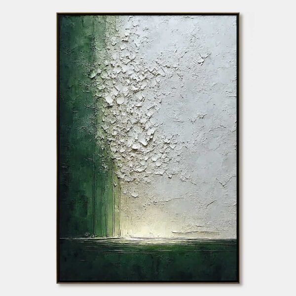 EMERALD FALL: Large Green and White Textured Wabi Sabi Abstract Painting