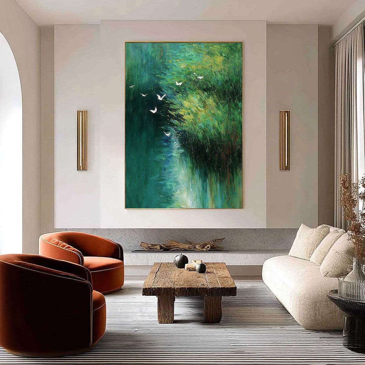 EMERALD FLIGHT: Abstract Green Forest & Birds Textured Oil Painting - Image 2