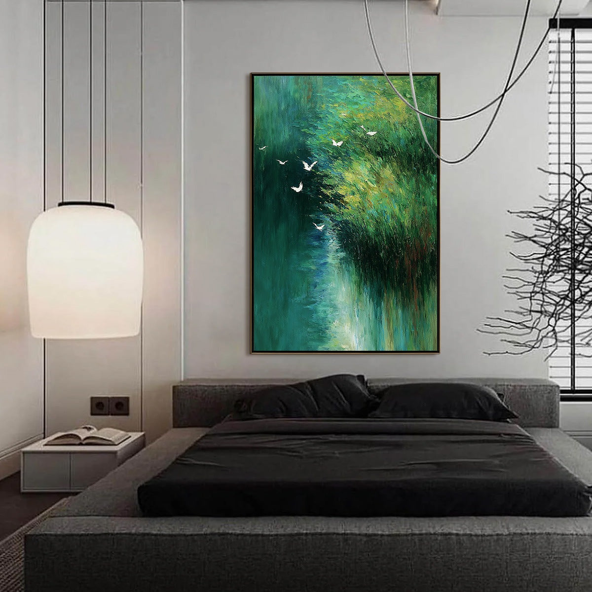 EMERALD FLIGHT: Abstract Green Forest & Birds Textured Oil Painting - Image 4