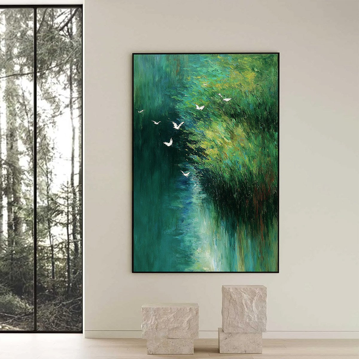 EMERALD FLIGHT: Abstract Green Forest & Birds Textured Oil Painting - Image 6