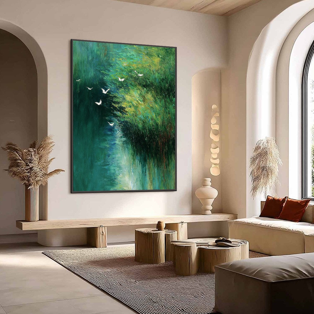 EMERALD FLIGHT: Abstract Green Forest & Birds Textured Oil Painting - Image 7