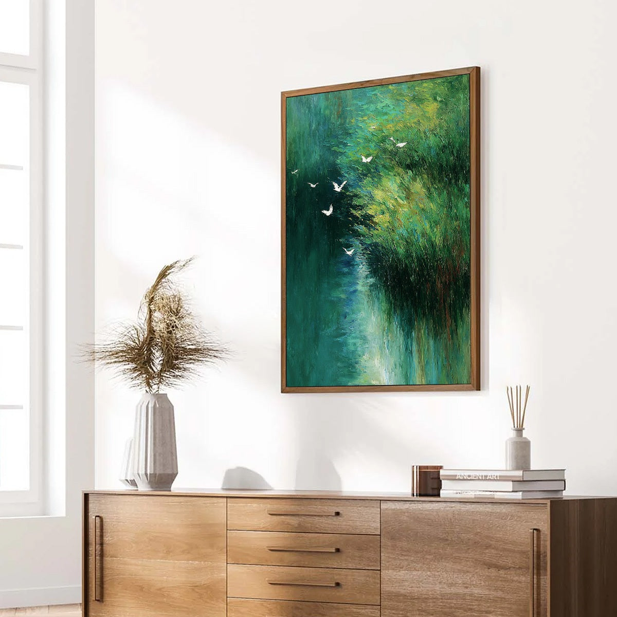 EMERALD FLIGHT: Abstract Green Forest & Birds Textured Oil Painting - Image 8