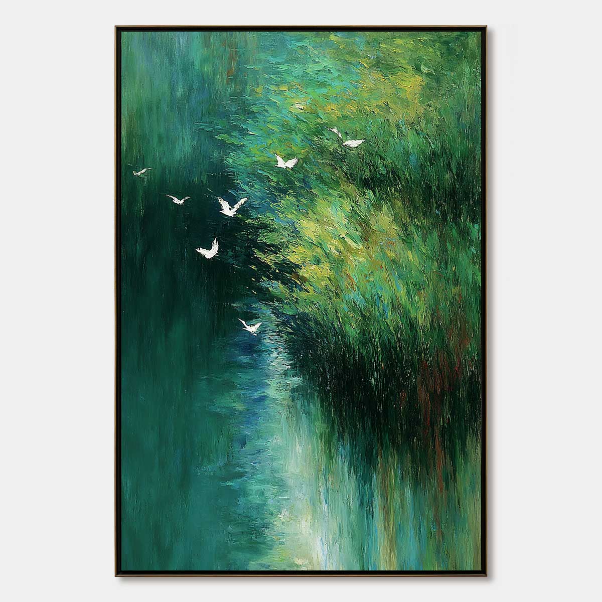 EMERALD FLIGHT: Abstract Green Forest & Birds Textured Oil Painting