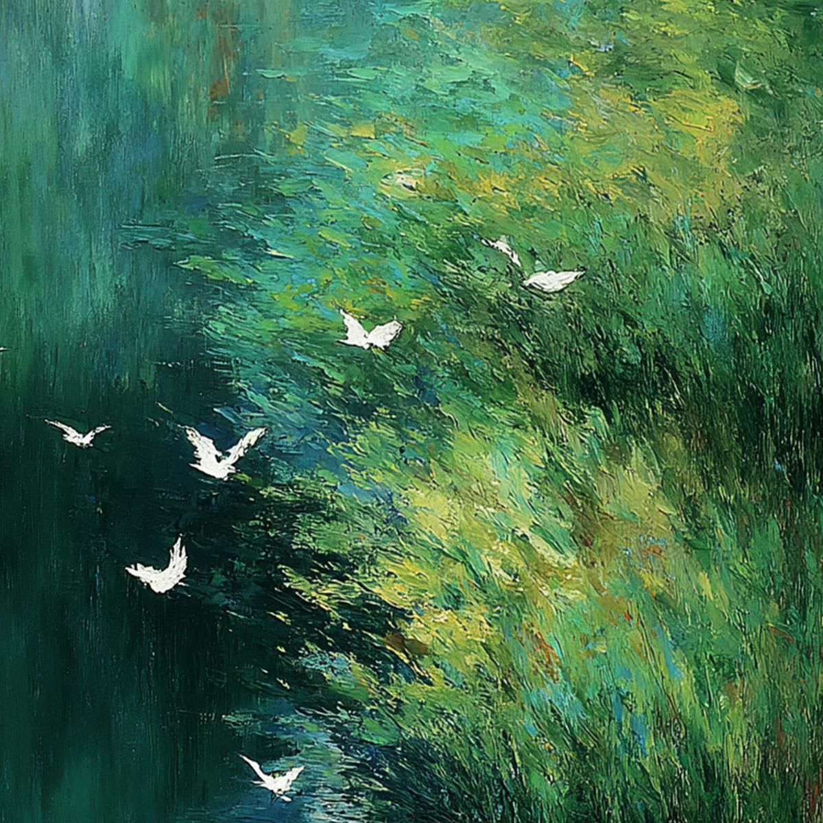 EMERALD FLIGHT: Abstract Green Forest & Birds Textured Oil Painting - Image 3