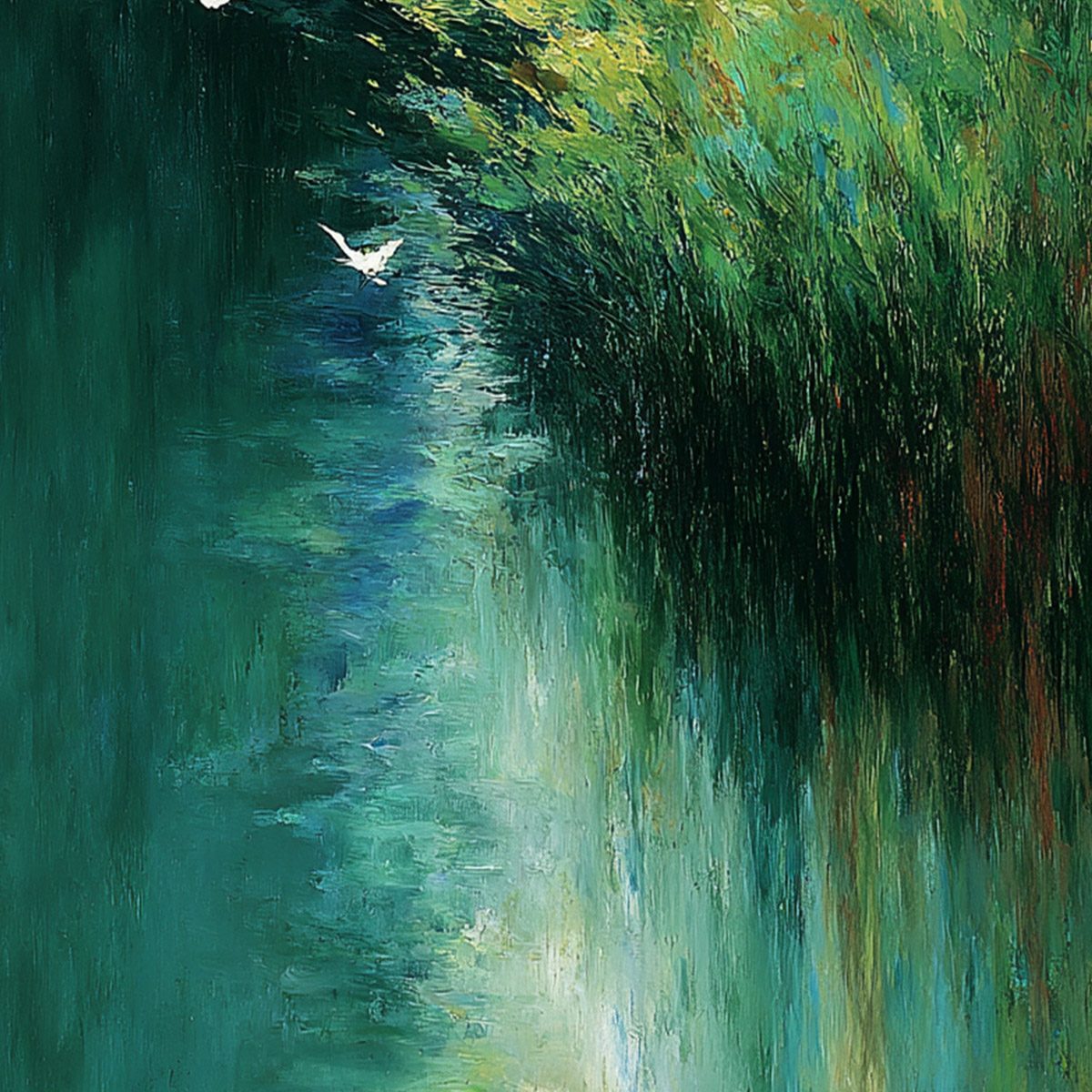 EMERALD FLIGHT: Abstract Green Forest & Birds Textured Oil Painting - Image 5