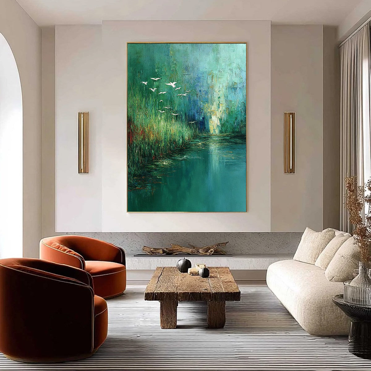 EMERALD FLIGHT: Textured Abstract Landscape Painting of Birds Over a Marsh - Image 2