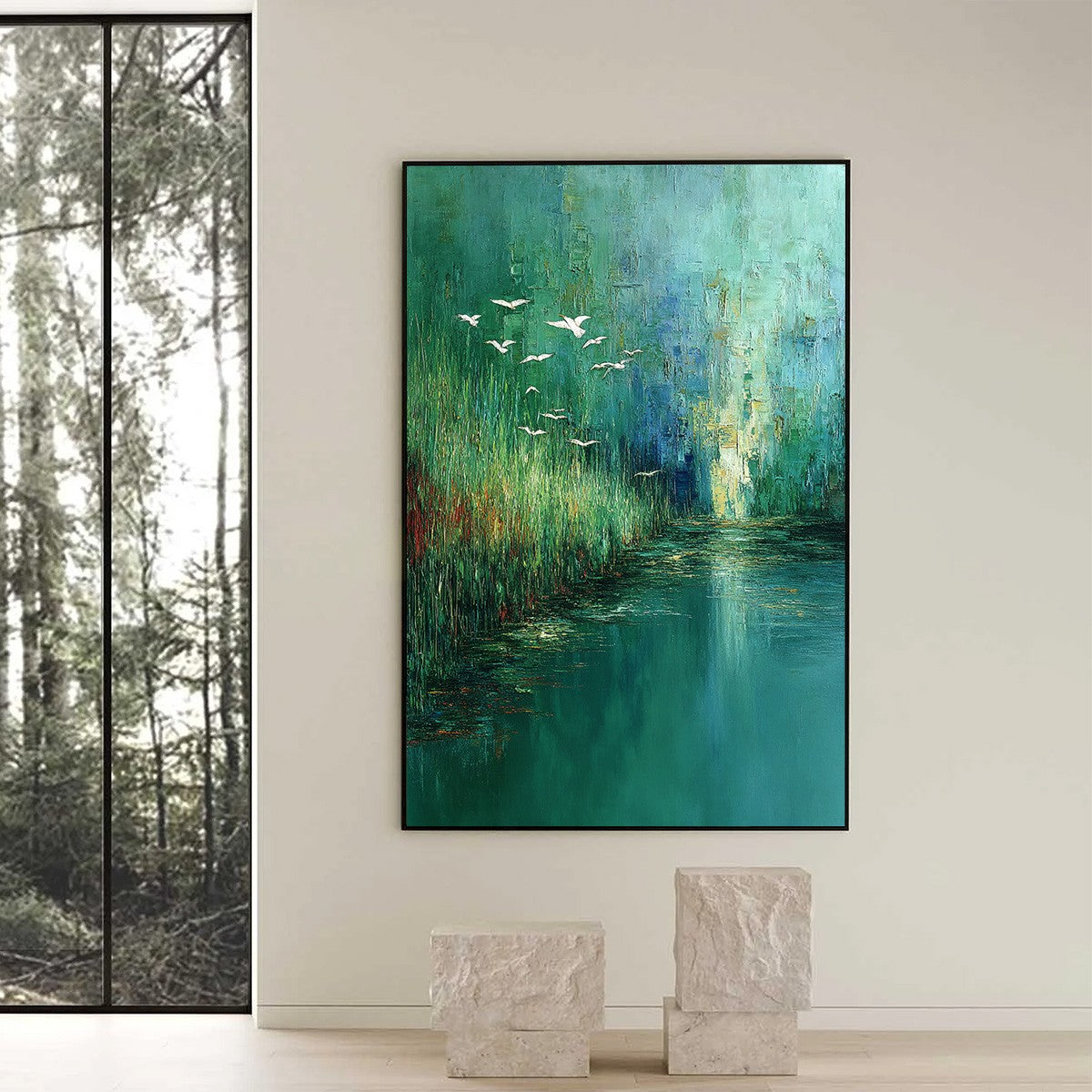 EMERALD FLIGHT: Textured Abstract Landscape Painting of Birds Over a Marsh - Image 6