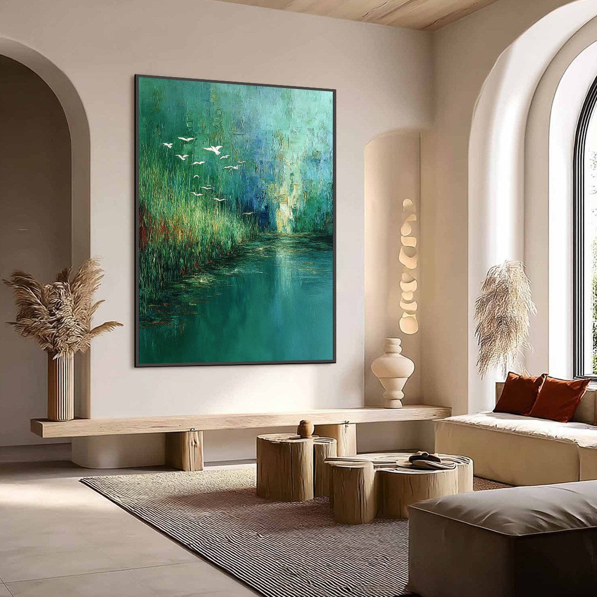 EMERALD FLIGHT: Textured Abstract Landscape Painting of Birds Over a Marsh - Image 7