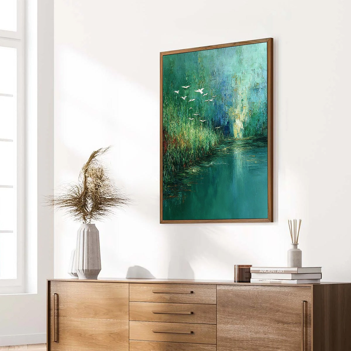 EMERALD FLIGHT: Textured Abstract Landscape Painting of Birds Over a Marsh - Image 8