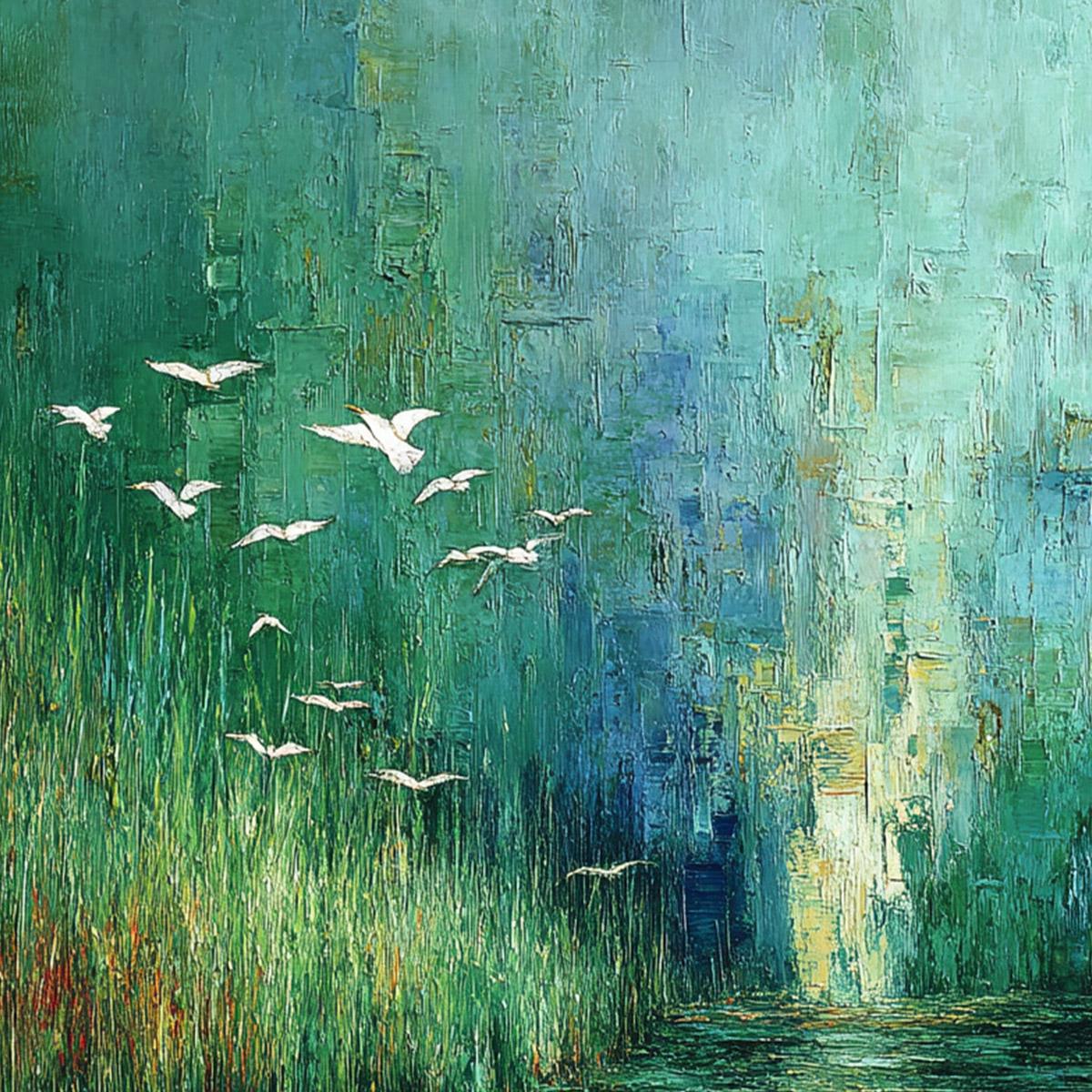 EMERALD FLIGHT: Textured Abstract Landscape Painting of Birds Over a Marsh - Image 5