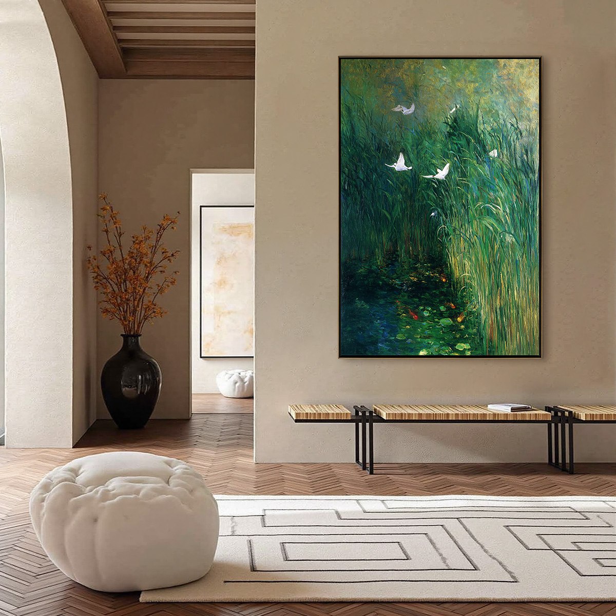 EMERALD FLIGHT: Vibrant Nature Painting of Birds Over a Serene Pond - Image 4