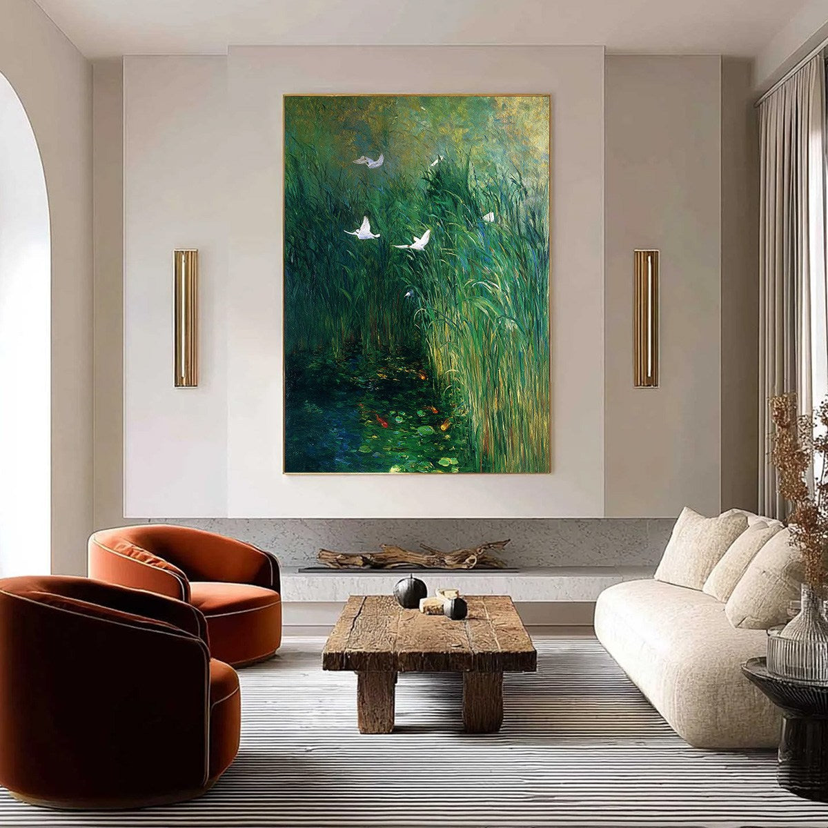 EMERALD FLIGHT: Vibrant Nature Painting of Birds Over a Serene Pond - Image 2