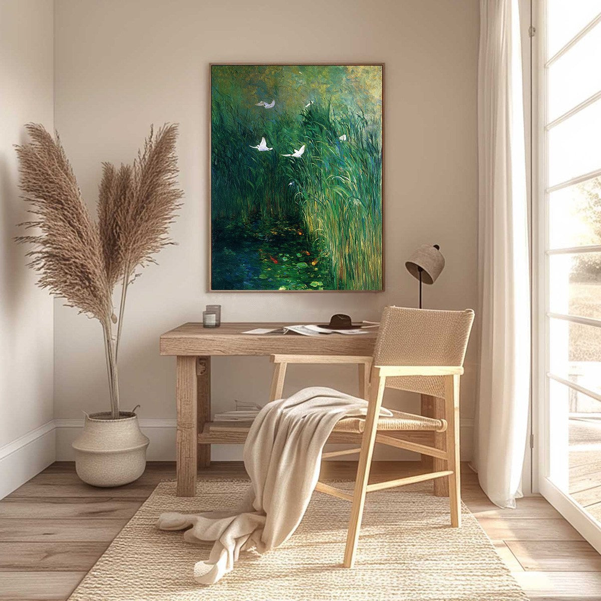 EMERALD FLIGHT: Vibrant Nature Painting of Birds Over a Serene Pond - Image 6