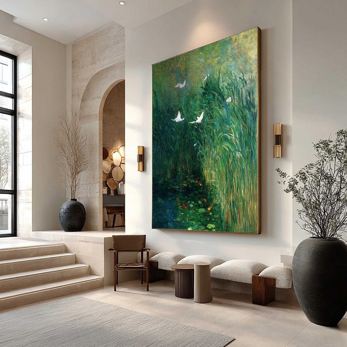 EMERALD FLIGHT: Vibrant Nature Painting of Birds Over a Serene Pond - Image 7