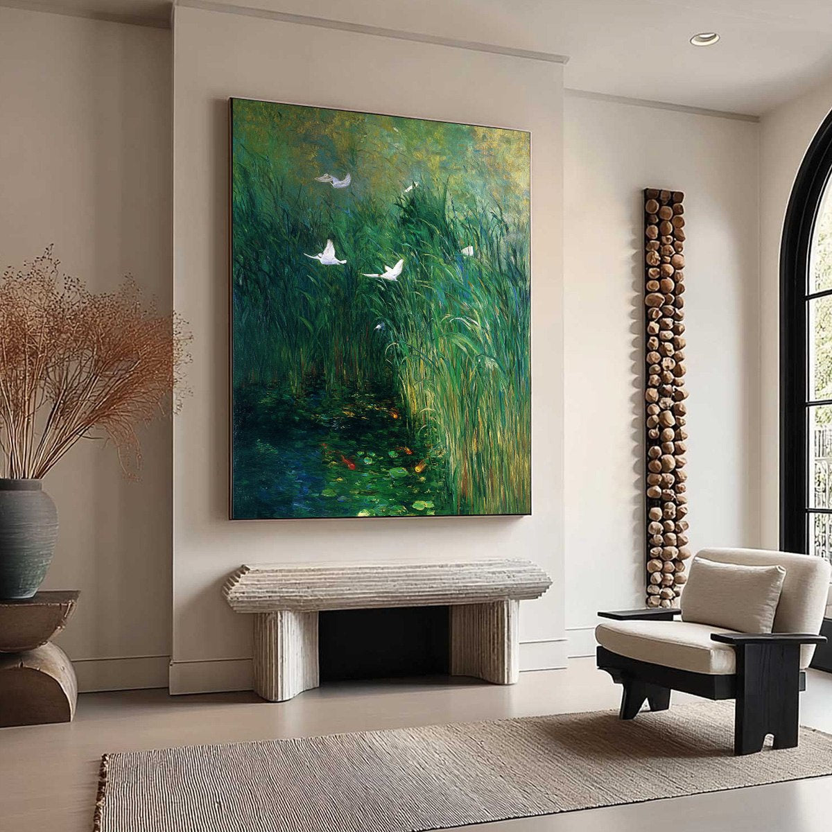 EMERALD FLIGHT: Vibrant Nature Painting of Birds Over a Serene Pond - Image 8