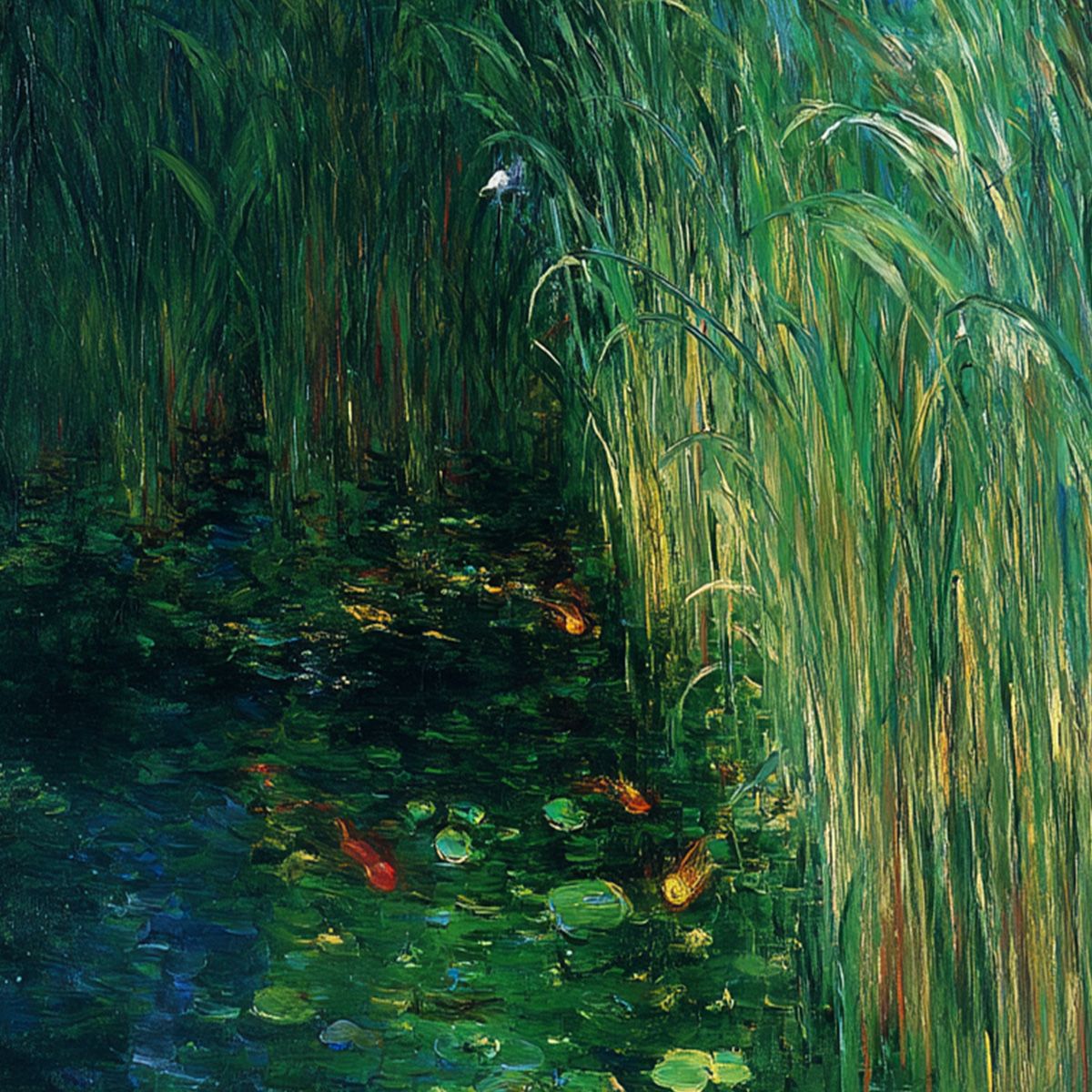 EMERALD FLIGHT: Vibrant Nature Painting of Birds Over a Serene Pond - Image 3