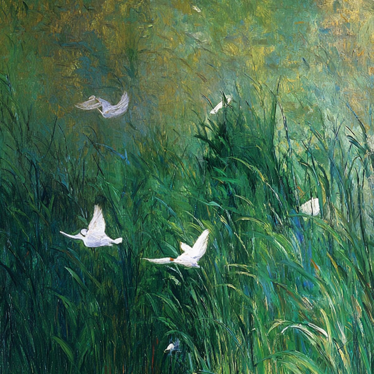 EMERALD FLIGHT: Vibrant Nature Painting of Birds Over a Serene Pond - Image 5