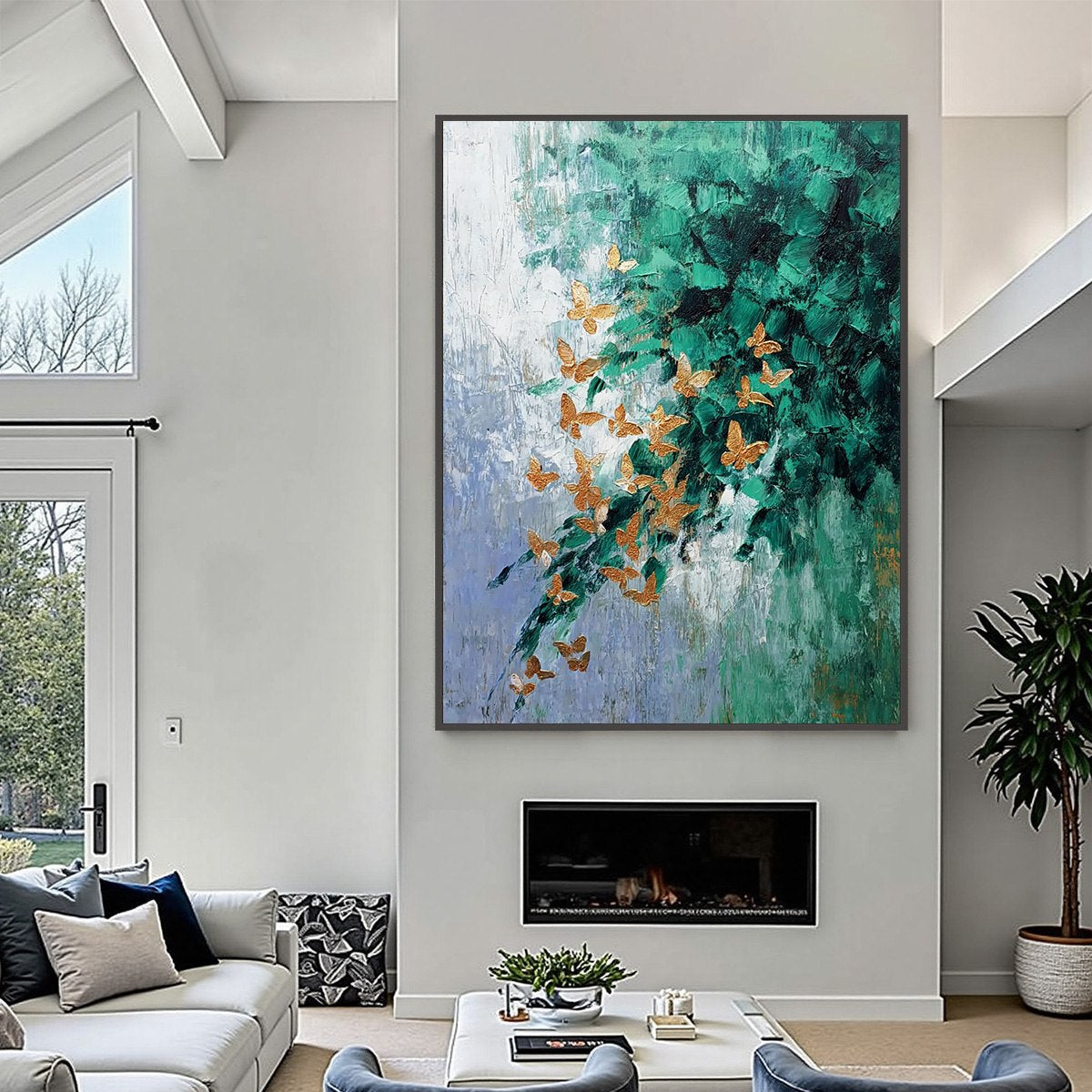 EMERALD FLUTTER: Textured Abstract Butterfly Painting with Golden Accents - Image 2
