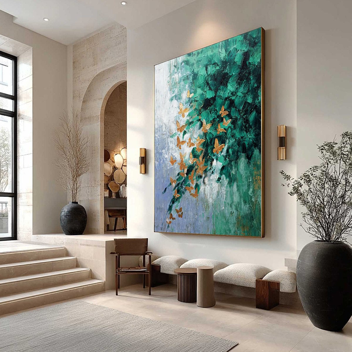 EMERALD FLUTTER: Textured Abstract Butterfly Painting with Golden Accents - Image 7