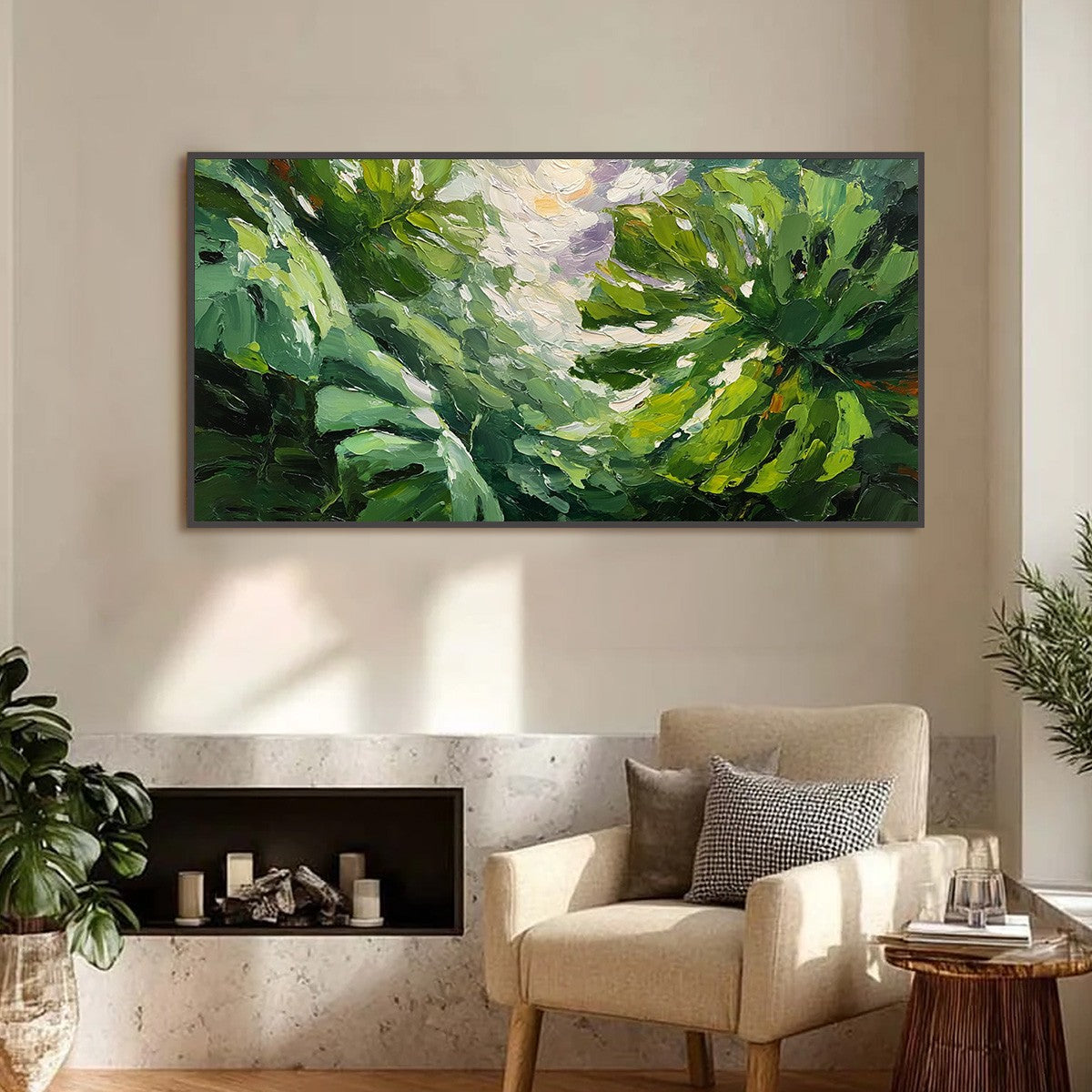 EMERALD GAZE: Textured Palette Knife Painting of Sunlit Tropical Leaves - Image 2