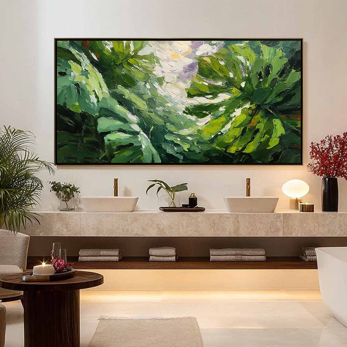 EMERALD GAZE: Textured Palette Knife Painting of Sunlit Tropical Leaves - Image 4
