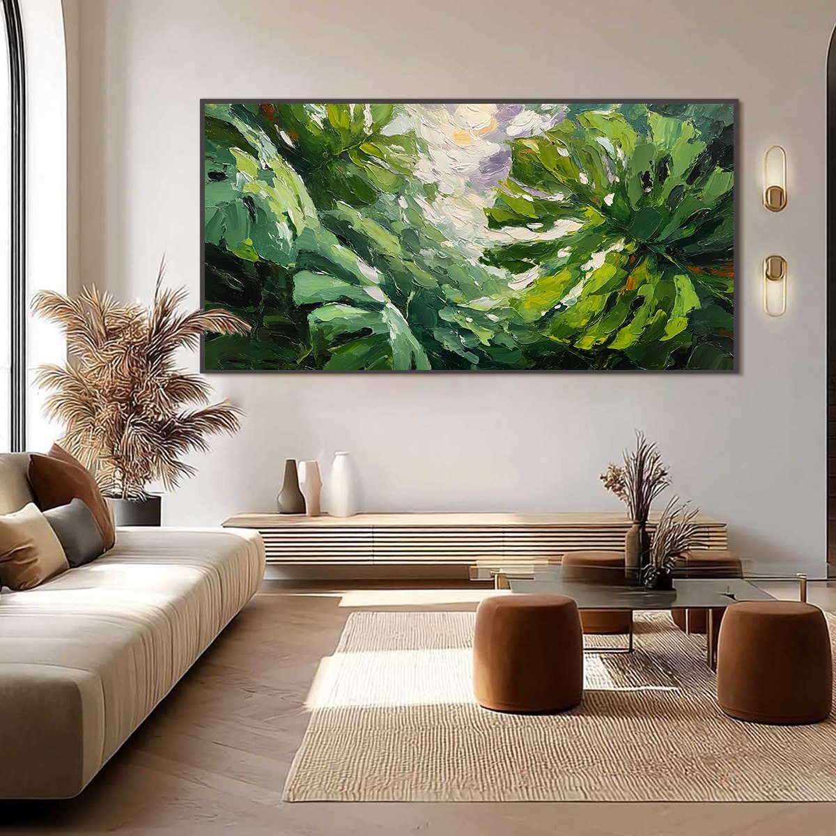 EMERALD GAZE: Textured Palette Knife Painting of Sunlit Tropical Leaves - Image 6